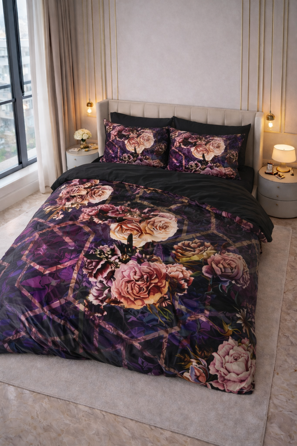 Lenjerie de pat Sleeptime, 1x husa pilota 140x200/220, 1x fete de perna 60x70, Microfibra 100%, Hipoalergenica, 90 GSM, model Marise Purple, imprimeu Digital, culoare Mov