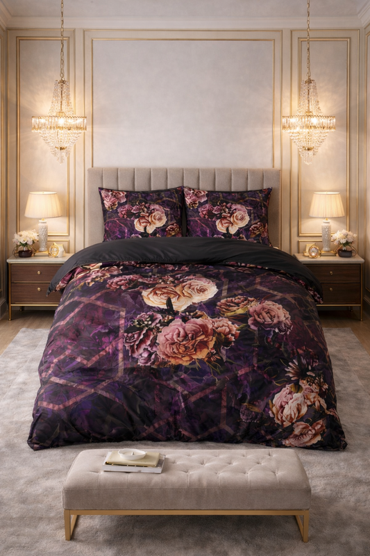 Lenjerie de pat Sleeptime, 1x husa pilota 200x200/220, 2x fete de perna 60x70, Microfibra 100%, Hipoalergenica, 90 GSM, model Marise Purple, imprimeu Digital, culoare Mov