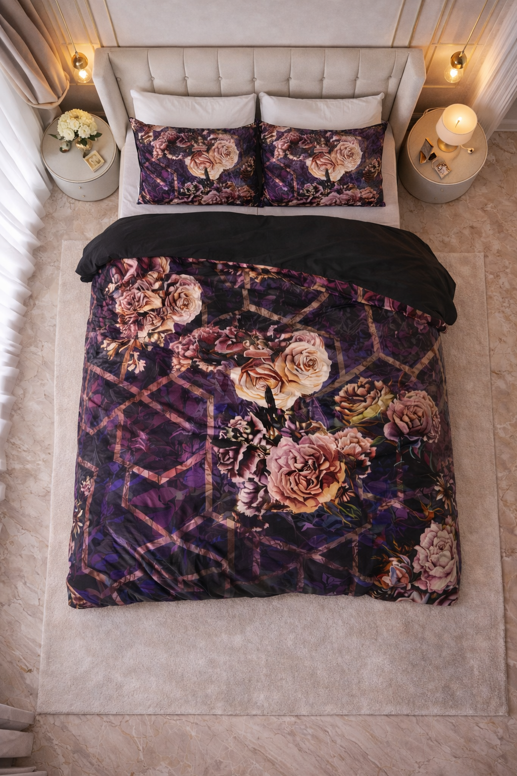 Lenjerie de pat Sleeptime, 1x husa pilota 140x200/220, 1x fete de perna 60x70, Microfibra 100%, Hipoalergenica, 90 GSM, model Marise Purple, imprimeu Digital, culoare Mov