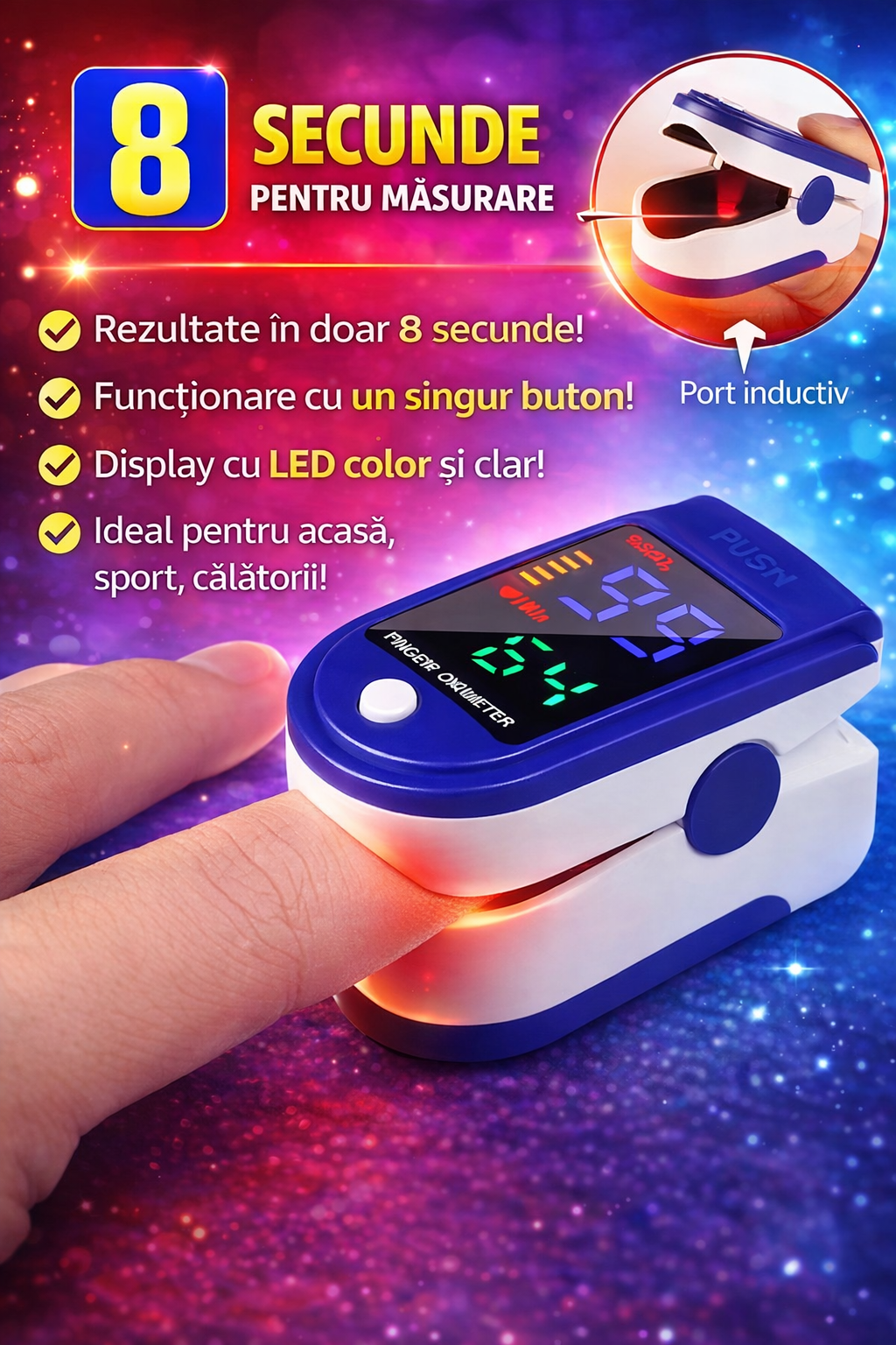 Pulsoximetru profesional pentru deget, masurare SpO2 si puls, afisaj OLED, utilizare medicala