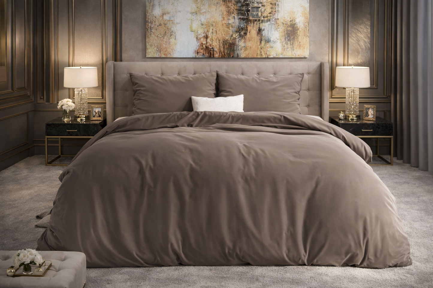 Lenjerie de pat premium Dreamhouse, 1x husa pilota 200x200/220, 2x fete de perna 60x70, Bumbac 100%, Hipoalergenica, model Flannel Mendez Taupe, culoare Maro