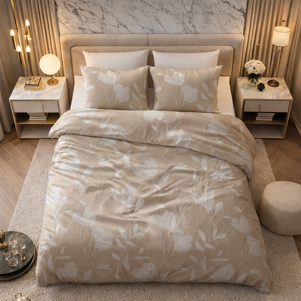 Lenjerie de pat Sleeptime, 1x husa pilota 140x200/220, 1x fete de perna 60x70, Bumbac 100%, Hipoalergenica, 128T, model Spring Sand Beige, culoare Maro