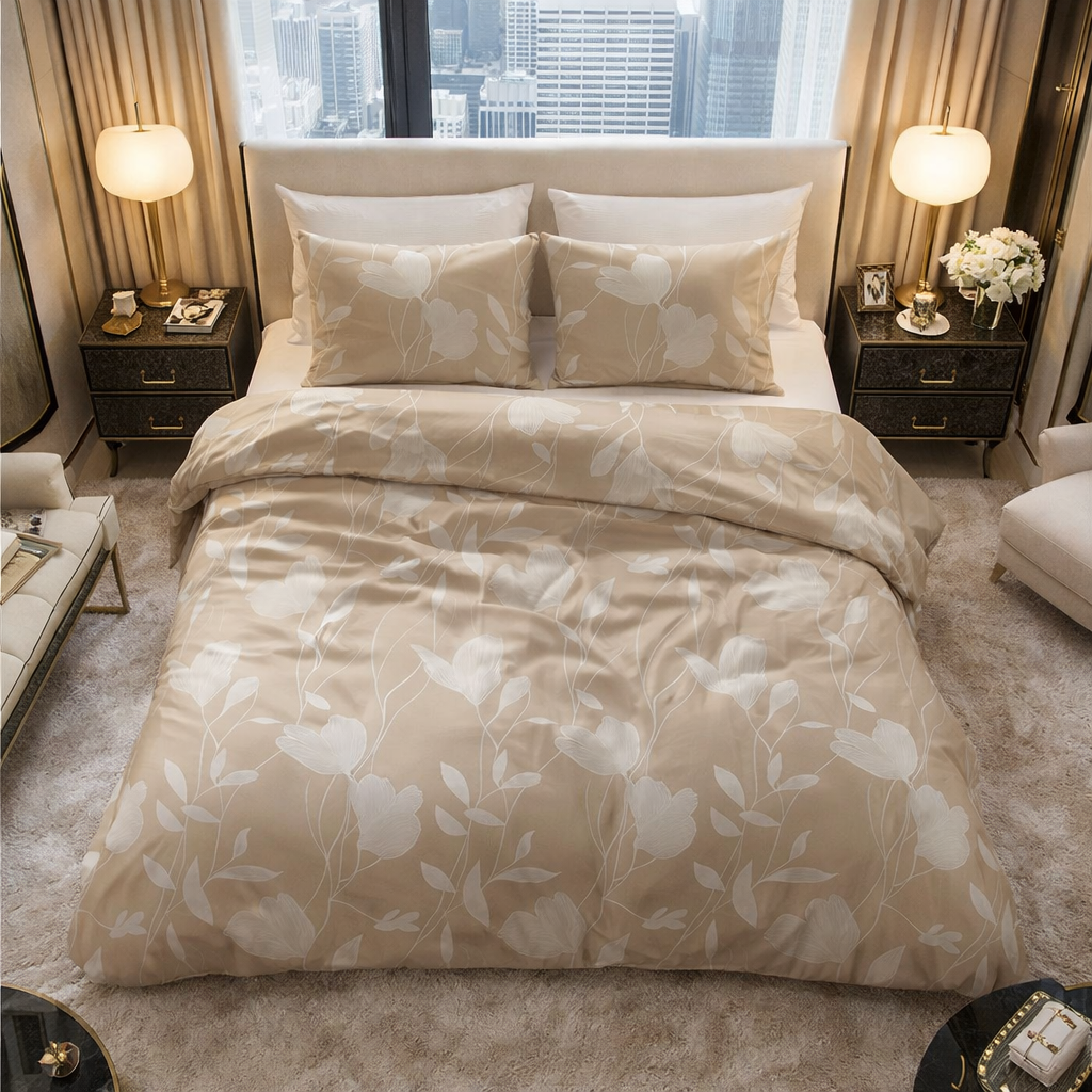 Lenjerie de pat Sleeptime, 1x husa pilota 140x200/220, 1x fete de perna 60x70, Bumbac 100%, Hipoalergenica, 128T, model Spring Sand Beige, culoare Maro