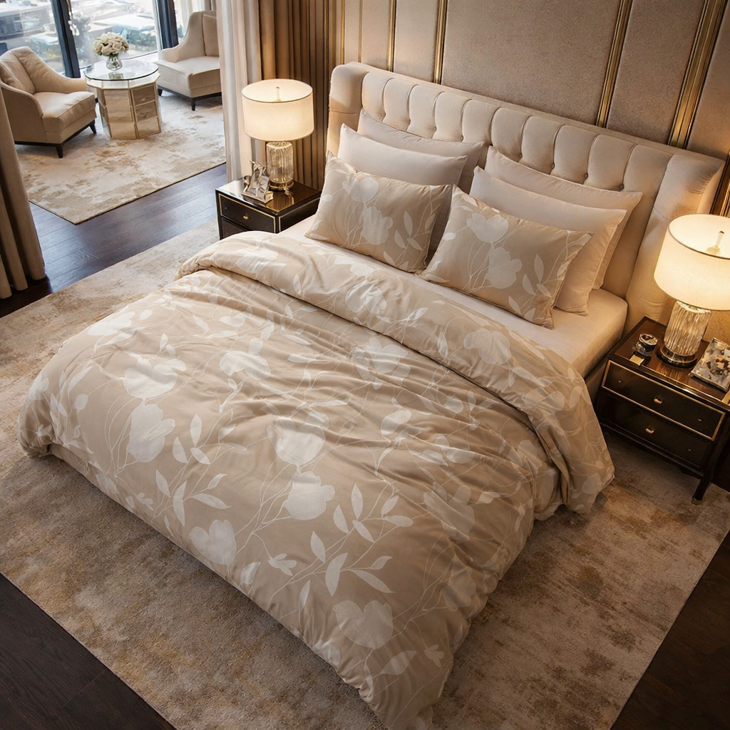 Lenjerie de pat Sleeptime, 1x husa pilota 140x200/220, 1x fete de perna 60x70, Bumbac 100%, Hipoalergenica, 128T, model Spring Sand Beige, culoare Maro