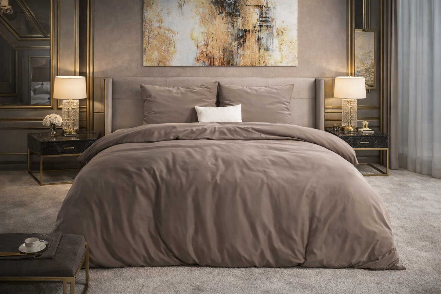 Lenjerie de pat premium Dreamhouse, 1x husa pilota 200x200/220, 2x fete de perna 60x70, Bumbac 100%, Hipoalergenica, model Flannel Mendez Taupe, culoare Maro