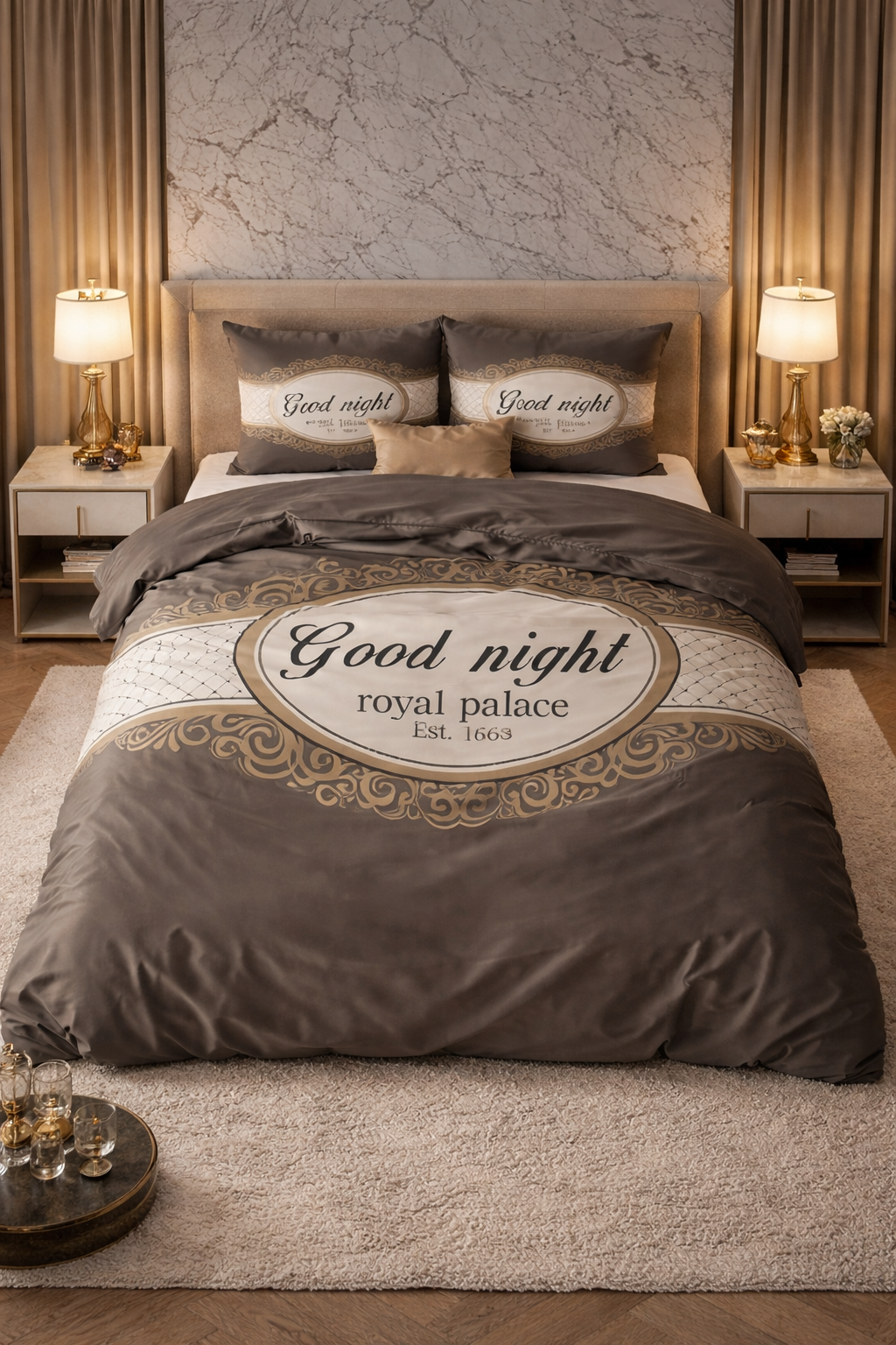 Lenjerie de pat Sleeptime, 1x husa pilota 200x200/220, 2x fete de perna 60x70, Microfibra 100%, Hipoalergenica, 90 GSM, model Royal Palace Taupe, imprimeu Digital, culoare Maro