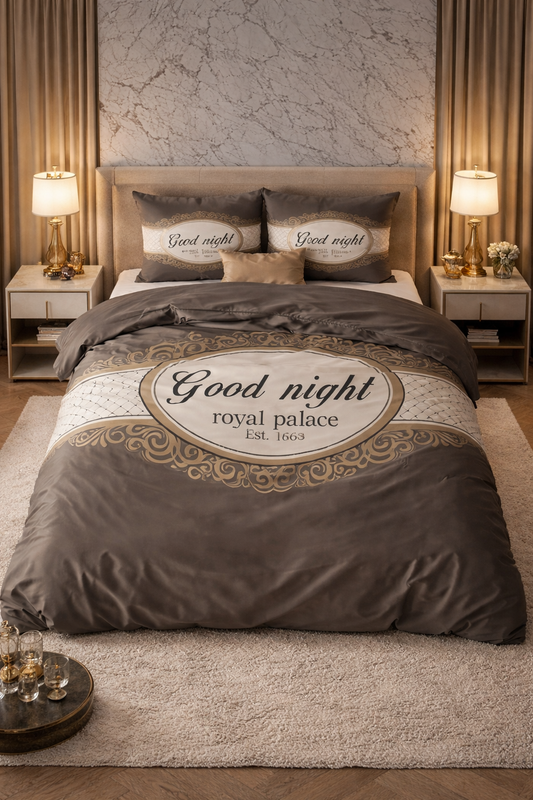 Lenjerie de pat Sleeptime, 1x husa pilota 200x200/220, 2x fete de perna 60x70, Microfibra 100%, Hipoalergenica, 90 GSM, model Royal Palace Taupe, imprimeu Digital, culoare Maro