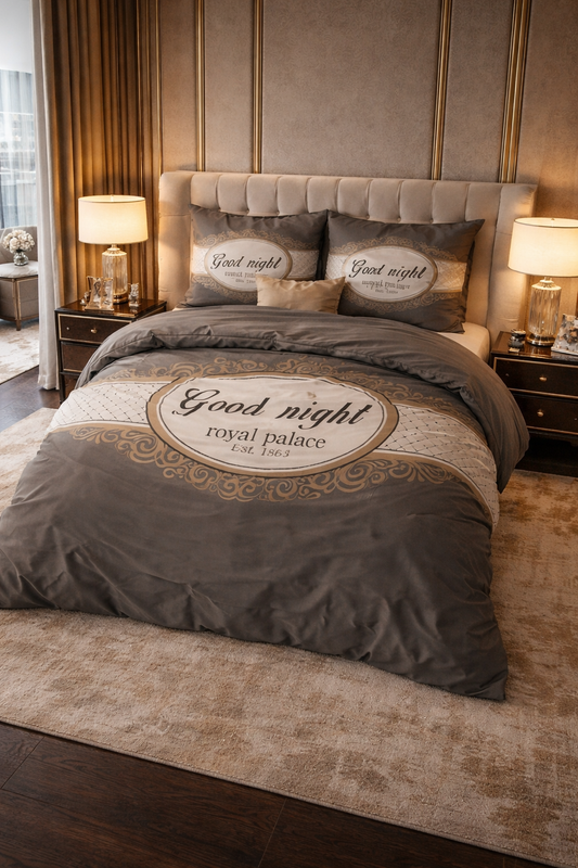 Lenjerie de pat Sleeptime, 1x husa pilota 200x200/220, 2x fete de perna 60x70, Microfibra 100%, Hipoalergenica, 90 GSM, model Royal Palace Taupe, imprimeu Digital, culoare Maro