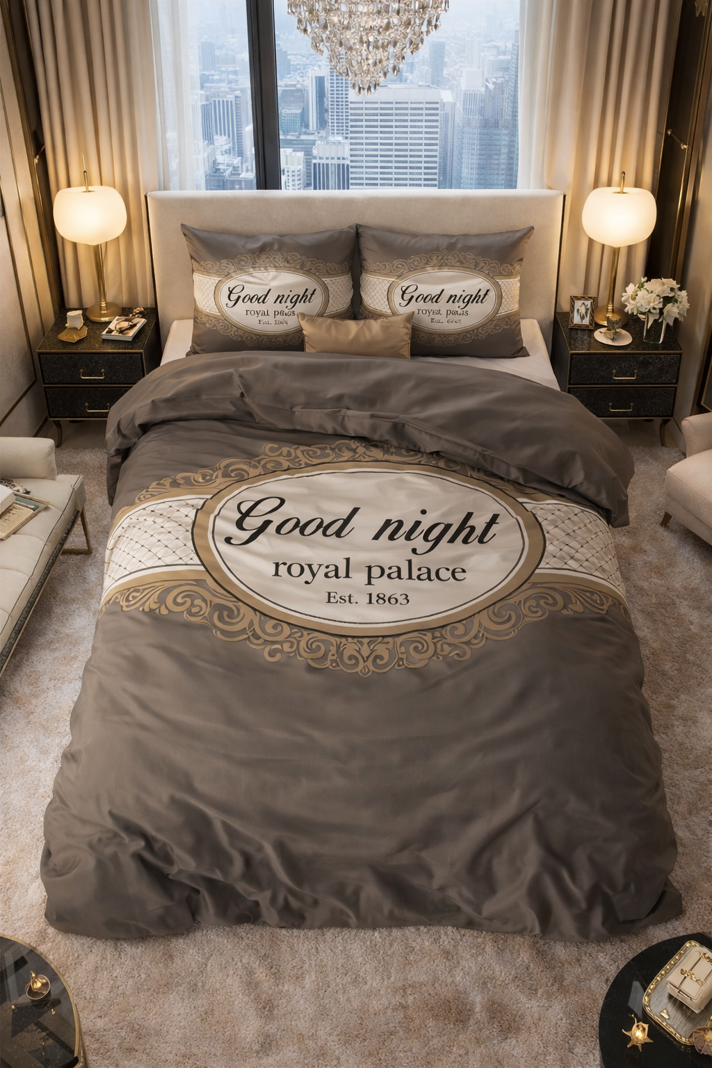 Lenjerie de pat Sleeptime, 1x husa pilota 200x200/220, 2x fete de perna 60x70, Microfibra 100%, Hipoalergenica, 90 GSM, model Royal Palace Taupe, imprimeu Digital, culoare Maro