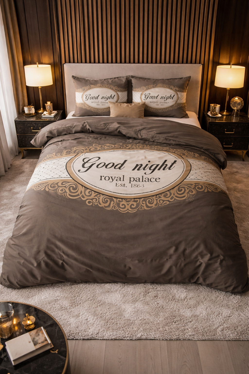 Lenjerie de pat Sleeptime, 1x husa pilota 200x200/220, 2x fete de perna 60x70, Microfibra 100%, Hipoalergenica, 90 GSM, model Royal Palace Taupe, imprimeu Digital, culoare Maro