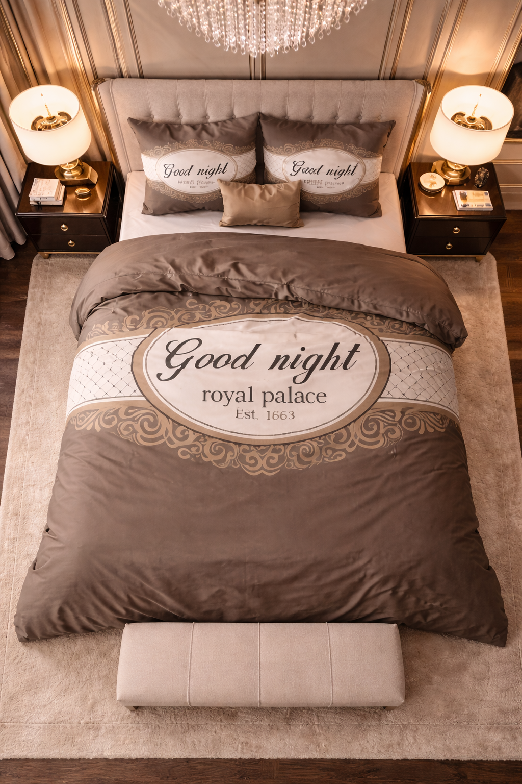 Lenjerie de pat Sleeptime, 1x husa pilota 200x200/220, 2x fete de perna 60x70, Microfibra 100%, Hipoalergenica, 90 GSM, model Royal Palace Taupe, imprimeu Digital, culoare Maro