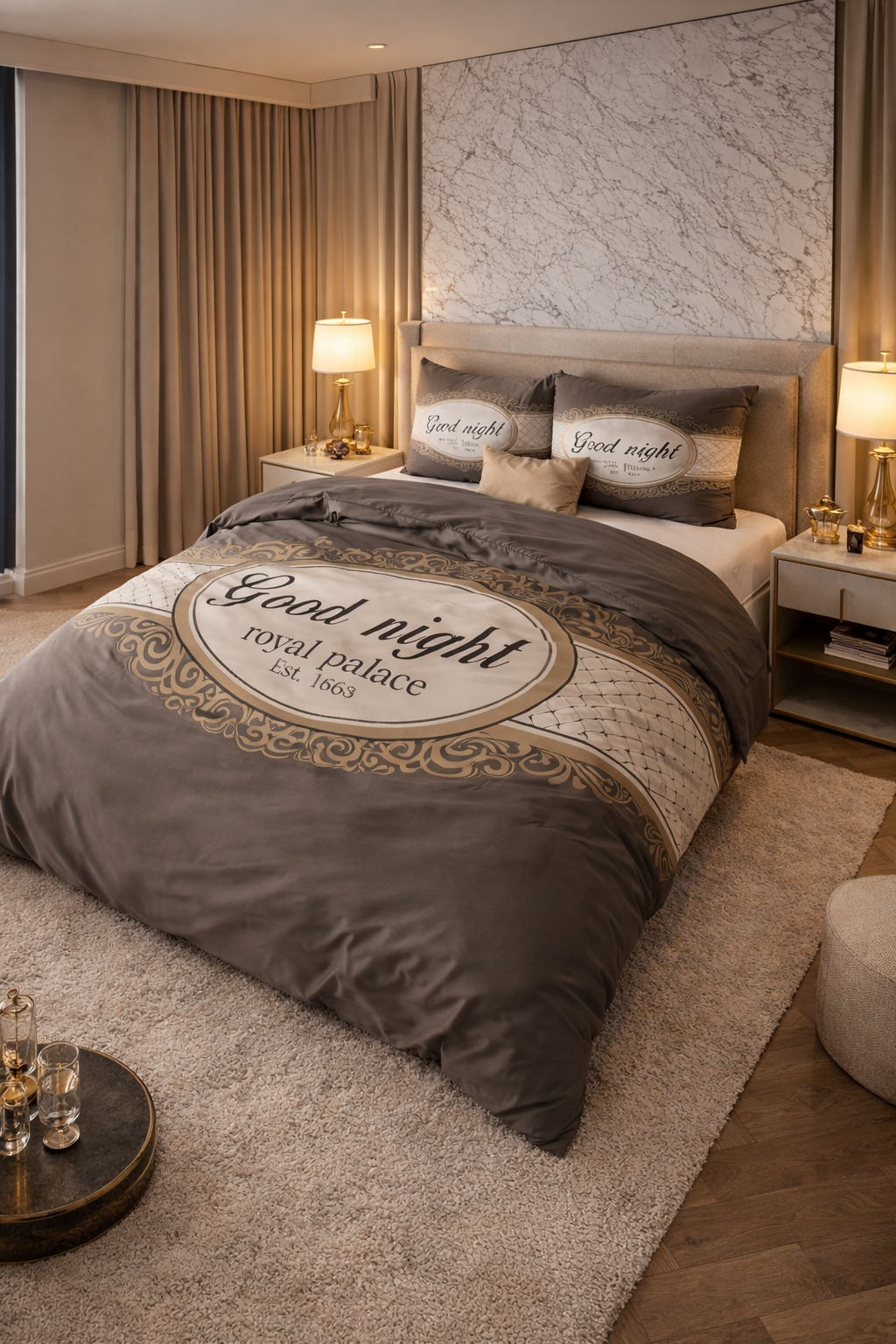 Lenjerie de pat Sleeptime, 1x husa pilota 200x200/220, 2x fete de perna 60x70, Microfibra 100%, Hipoalergenica, 90 GSM, model Royal Palace Taupe, imprimeu Digital, culoare Maro