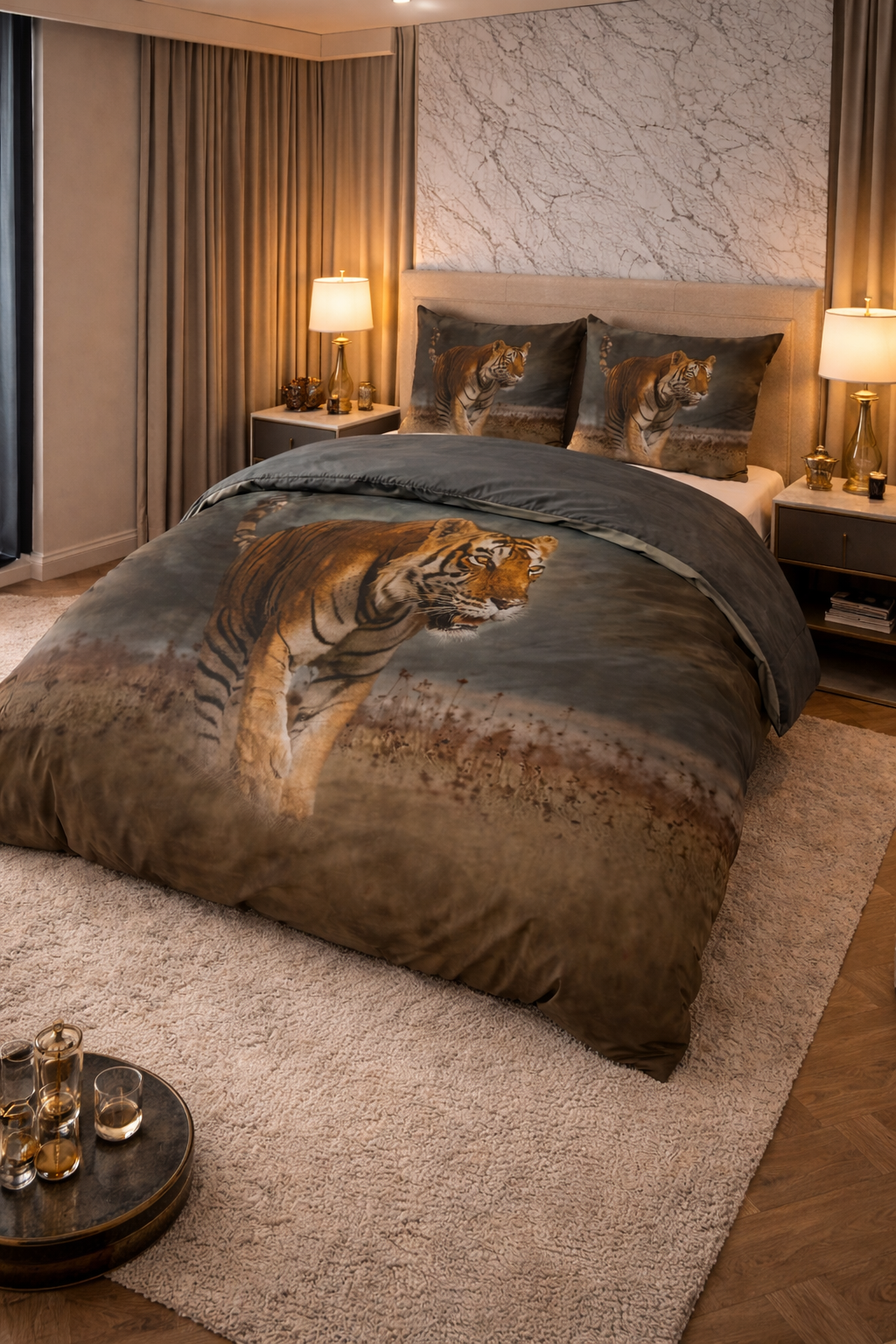 Lenjerie de pat Sleeptime, 1x husa pilota 200x200/220, 2x fete de perna 60x70, Microfibra 100%, Hipoalergenica, model Nature Tiger Taupe, Imprimeu Digital Print, culoare Gri