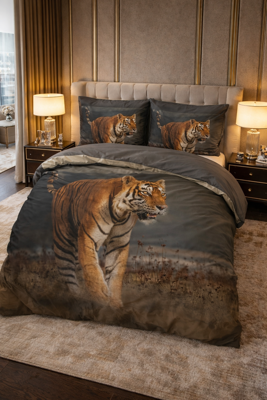 Lenjerie de pat Sleeptime, 1x husa pilota 200x200/220, 2x fete de perna 60x70, Microfibra 100%, Hipoalergenica, model Nature Tiger Taupe, Imprimeu Digital Print, culoare Gri
