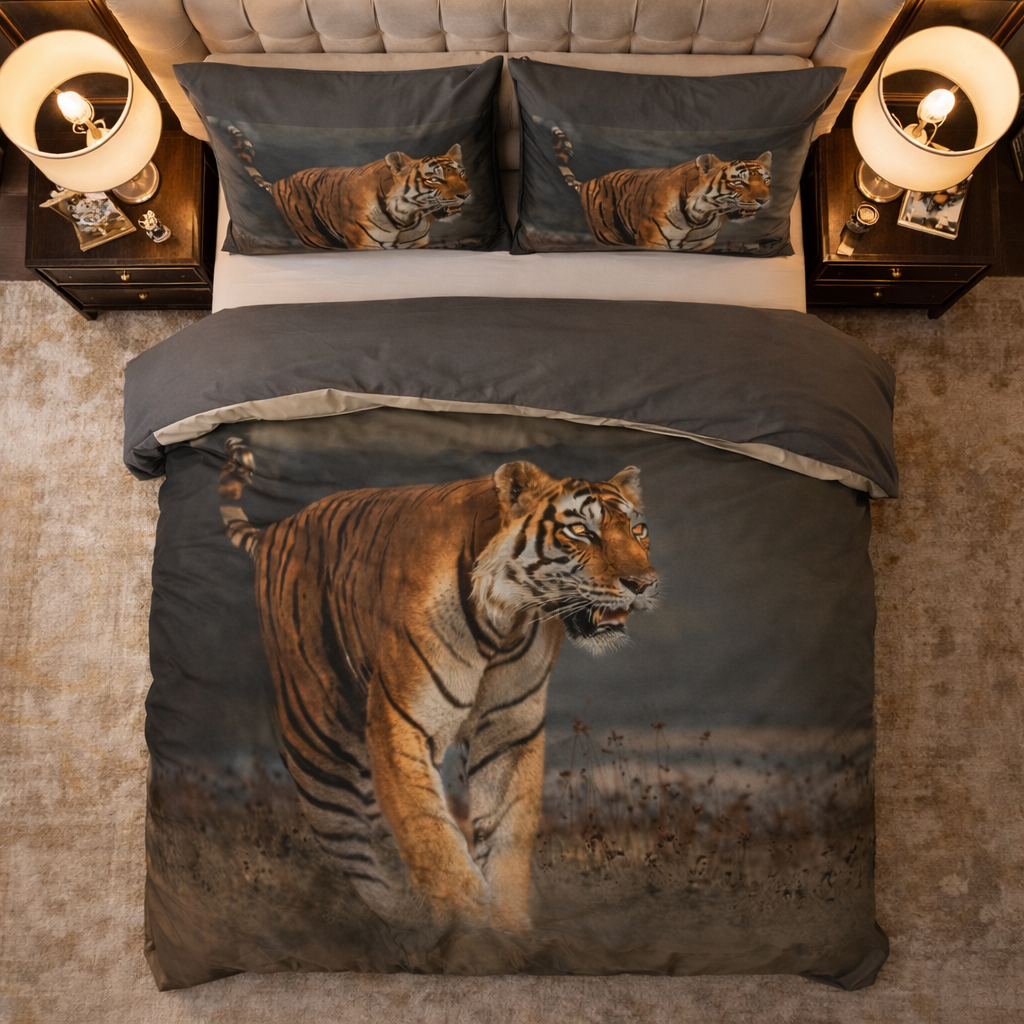 Lenjerie de pat Sleeptime, 1x husa pilota 200x200/220, 2x fete de perna 60x70, Microfibra 100%, Hipoalergenica, model Nature Tiger Taupe, Imprimeu Digital Print, culoare Gri
