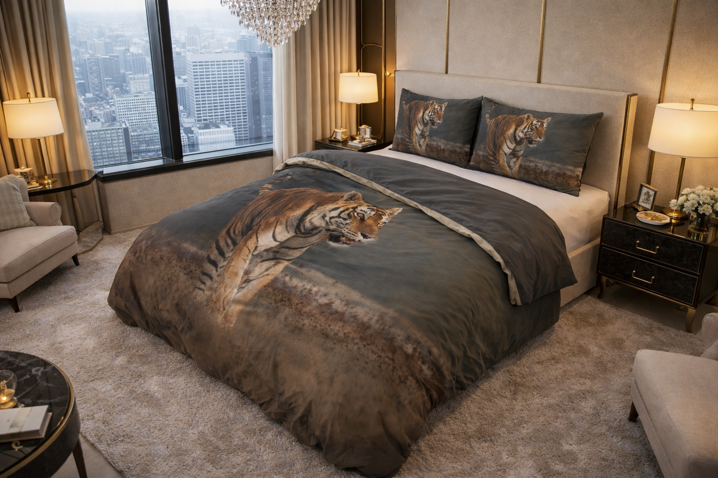 Lenjerie de pat Sleeptime, 1x husa pilota 200x200/220, 2x fete de perna 60x70, Microfibra 100%, Hipoalergenica, model Nature Tiger Taupe, Imprimeu Digital Print, culoare Gri
