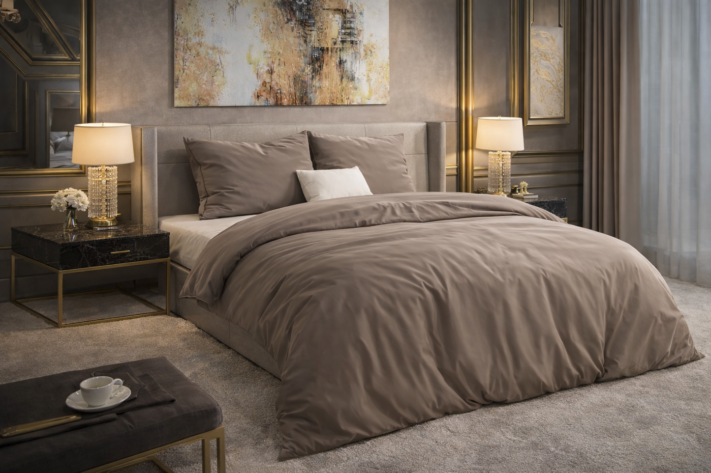 Lenjerie de pat premium Dreamhouse, 1x husa pilota 200x200/220, 2x fete de perna 60x70, Bumbac 100%, Hipoalergenica, model Flannel Mendez Taupe, culoare Maro