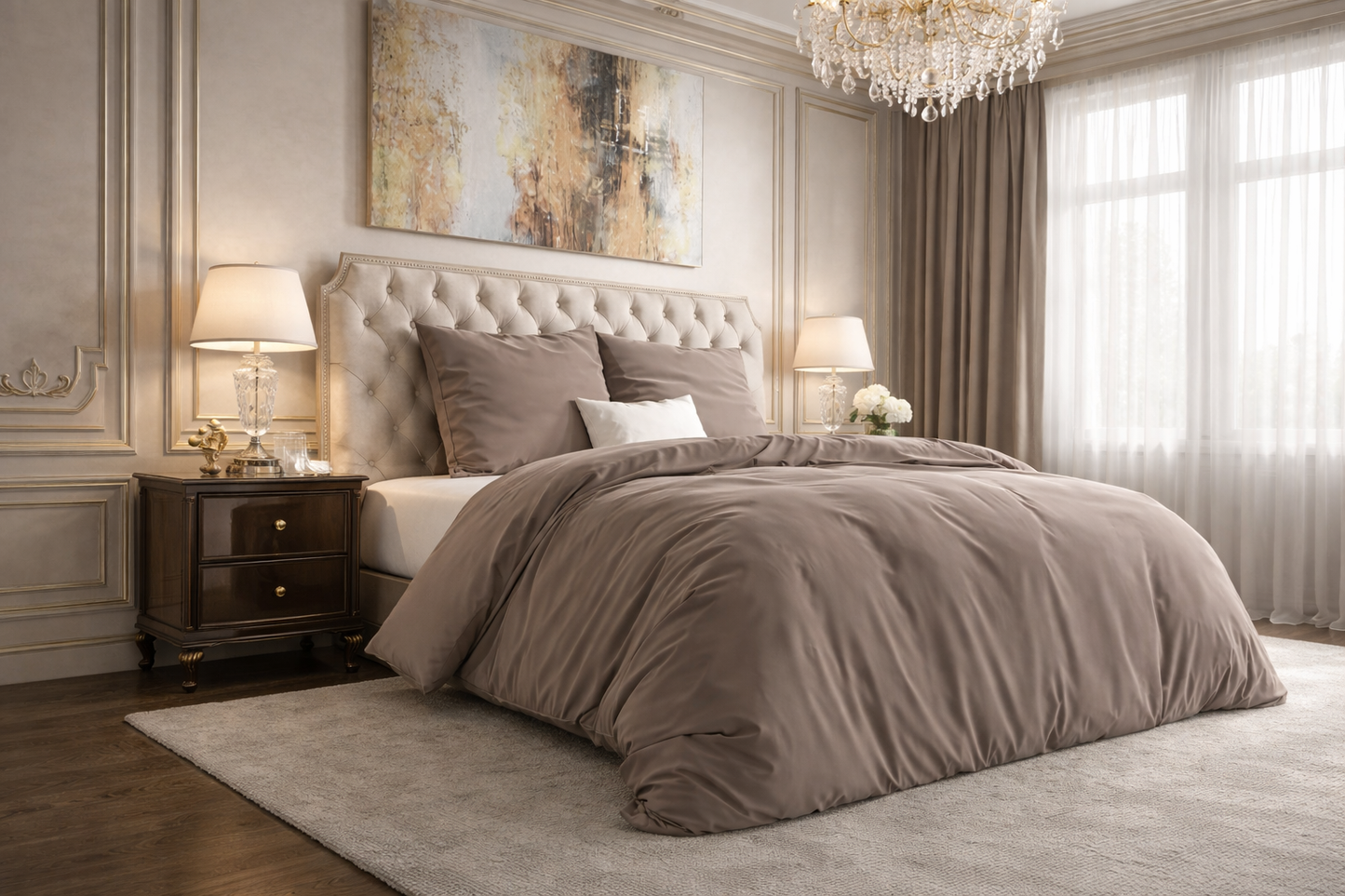 Lenjerie de pat premium Dreamhouse, 1x husa pilota 200x200/220, 2x fete de perna 60x70, Bumbac 100%, Hipoalergenica, model Flannel Mendez Taupe, culoare Maro