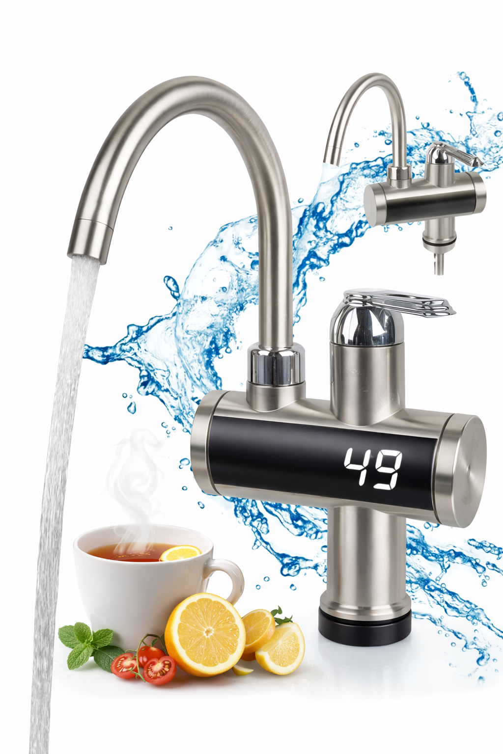 Robinet Electric Instant Apa Calda, 3000W, pana la 60°C, Display LED, 110-220V, 0.04-0.5 MPa, culoare Argintiu