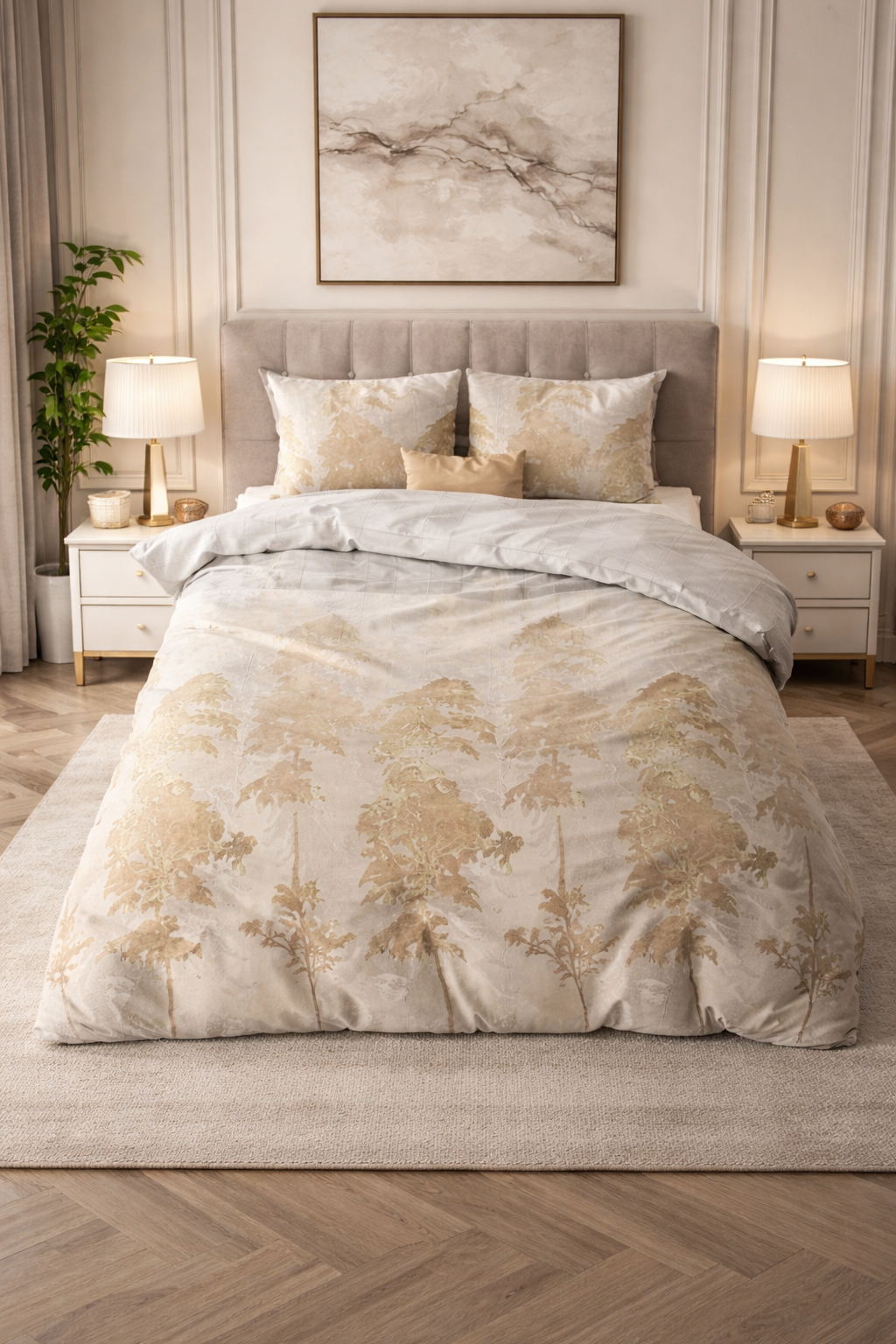 Lenjerie de pat Sleeptime, 1x husa pilota 140x200/220, 1x fete de perna 60x70, Microfibra 100%, Hipoalergenica, model Treasture Three Gold, Imprimeu Digital, culoare Bej