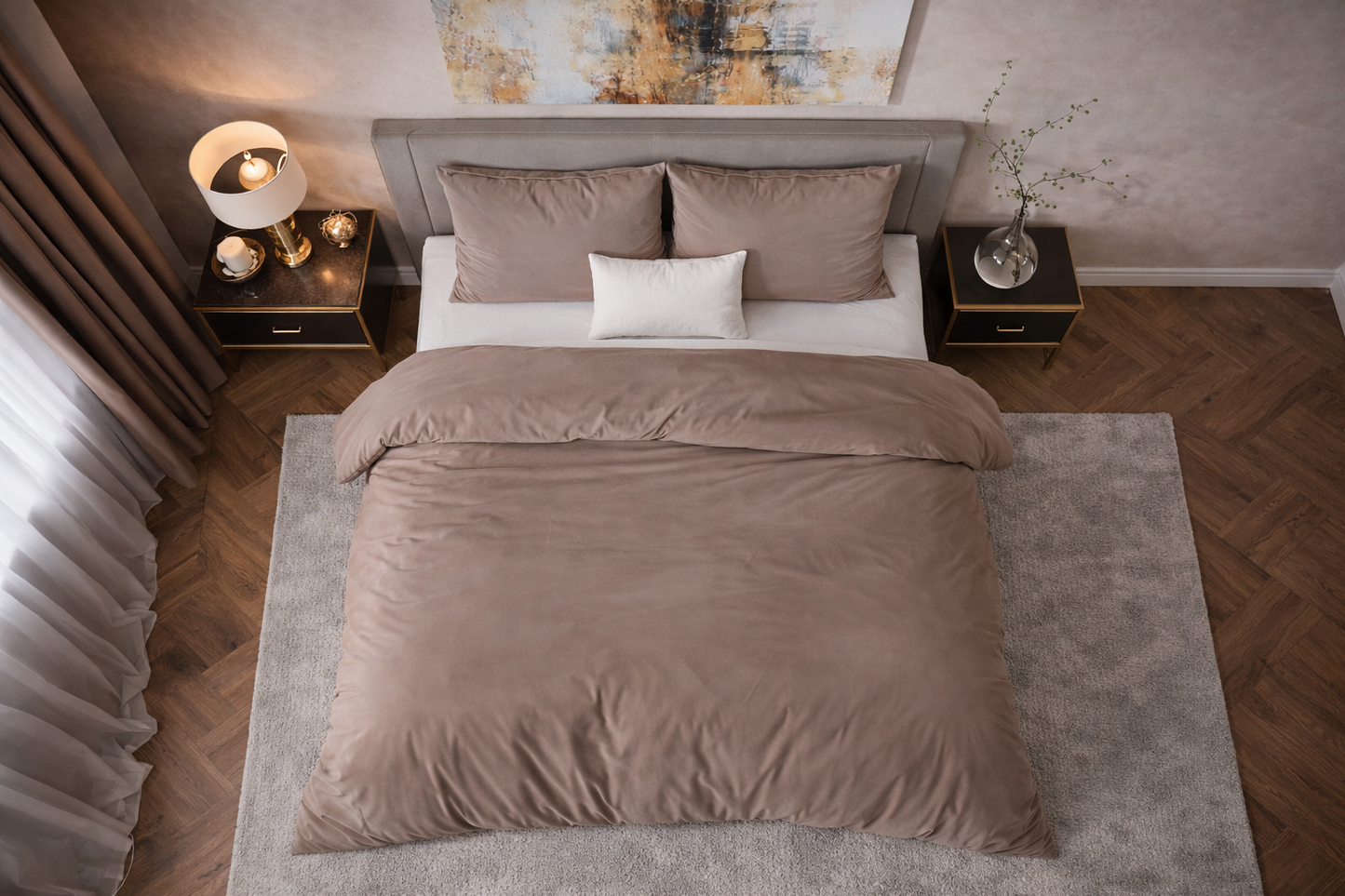 Lenjerie de pat premium Dreamhouse, 1x husa pilota 200x200/220, 2x fete de perna 60x70, Bumbac 100%, Hipoalergenica, model Flannel Mendez Taupe, culoare Maro