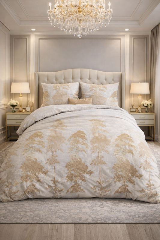 Lenjerie de pat Sleeptime, 1x husa pilota 140x200/220, 1x fete de perna 60x70, Microfibra 100%, Hipoalergenica, model Treasture Three Gold, Imprimeu Digital, culoare Bej