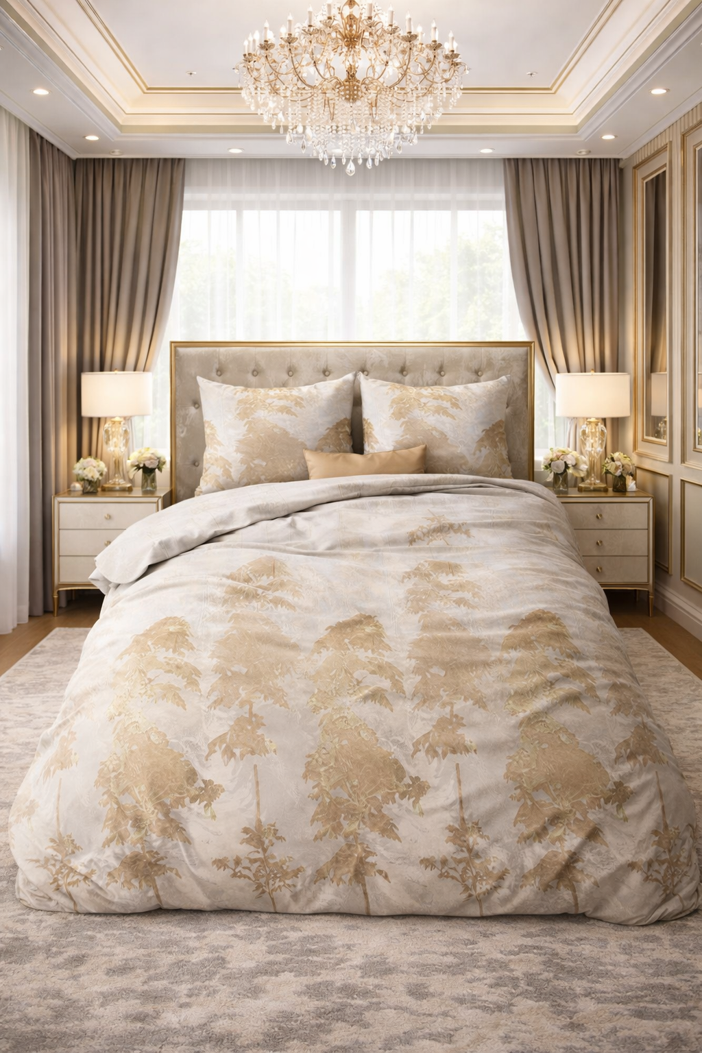 Lenjerie de pat Sleeptime, 1x husa pilota 140x200/220, 1x fete de perna 60x70, Microfibra 100%, Hipoalergenica, model Treasture Three Gold, Imprimeu Digital, culoare Bej