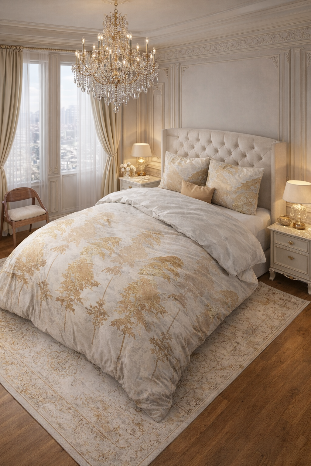 Lenjerie de pat Sleeptime, 1x husa pilota 140x200/220, 1x fete de perna 60x70, Microfibra 100%, Hipoalergenica, model Treasture Three Gold, Imprimeu Digital, culoare Bej