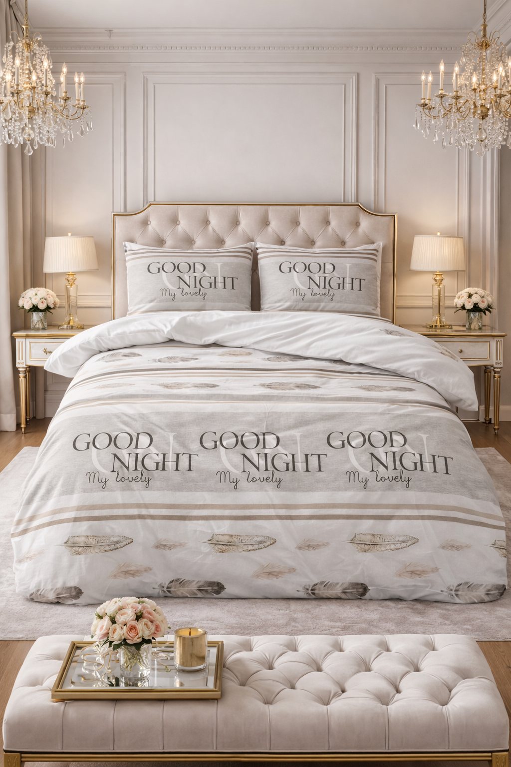 Lenjerie de pat Sleeptime, 1x husa pilota 200x200/220, 2x fete de perna 60x70, Bumbac si Poliester, Hipoalergenica, 150 GSM, model Good Night White, culoare Alb