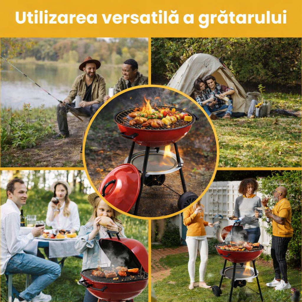 Gratar carbuni cu capac si roti, 50x40 cm, aerisire reglabila, raft, otel, negru/rosu