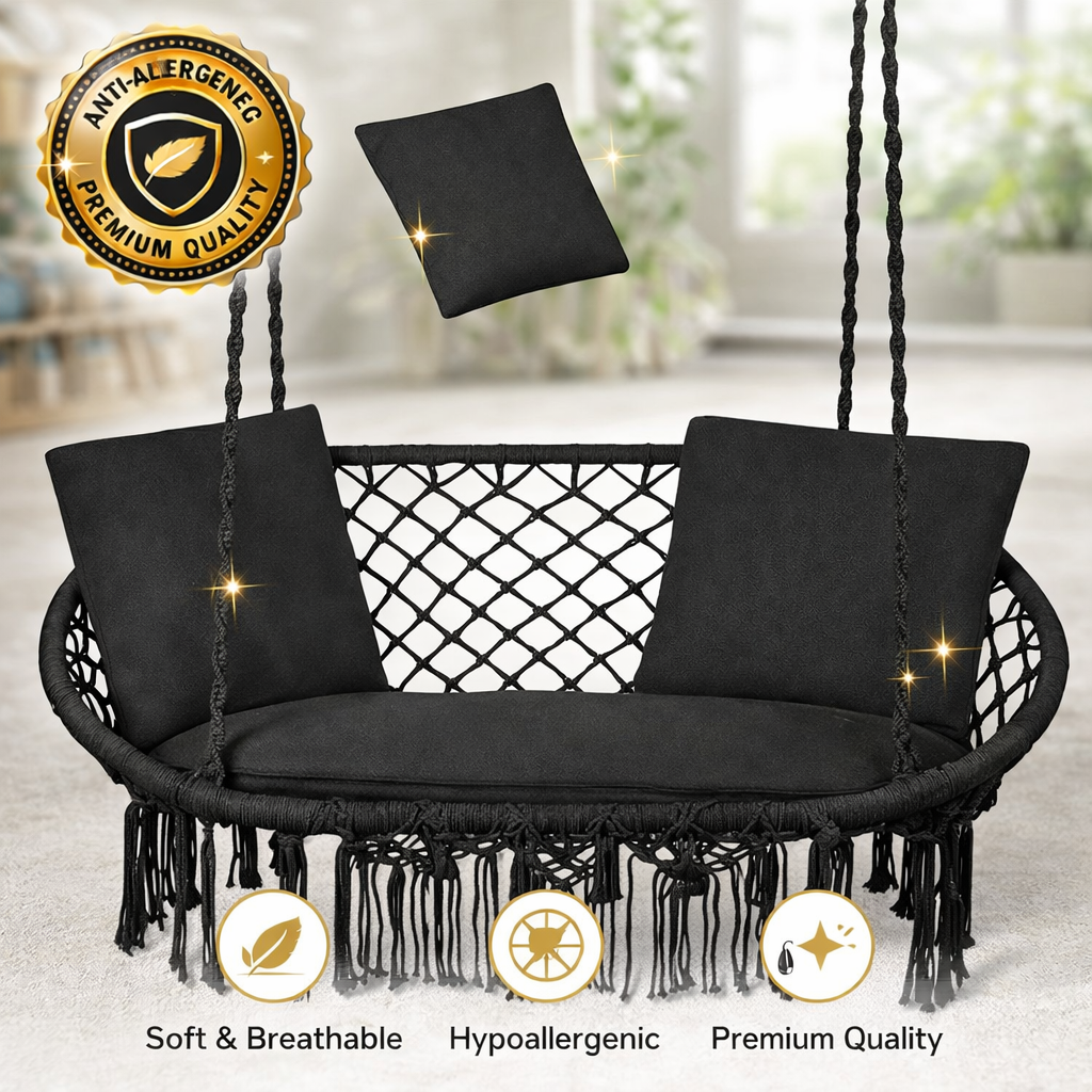 Perna leagan suspendat dublu 110x62x12 cm poliester bumbac impermeabil negru exterior