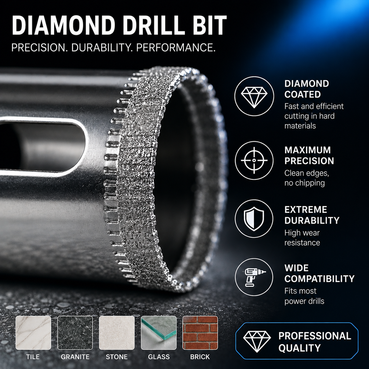 Set 10 carote diamantate 6-68 mm pentru gresie, faianta, sticla si portelan, gri