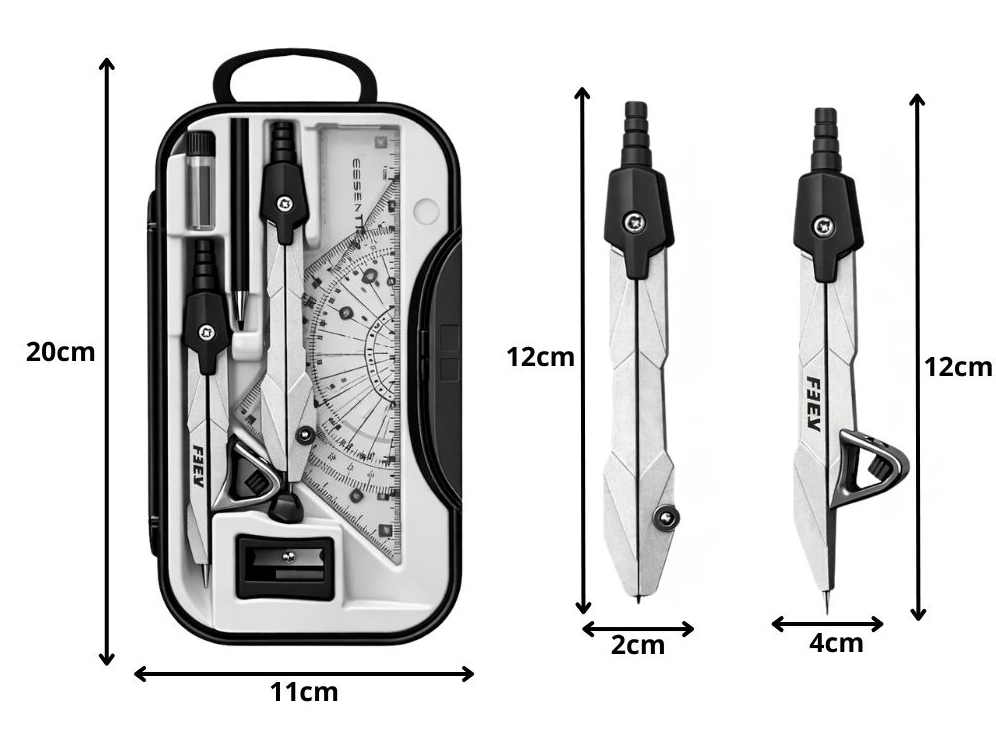 Set Geometrie 9 Piese cu 2 Compasuri, Rigla, Echer, Raportor si Cutie pentru Scoala