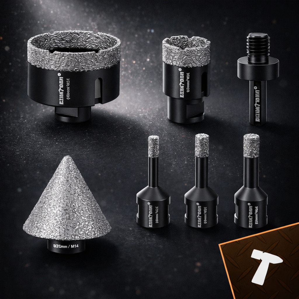 Set 6 carote diamantate si adaptor, NewTech, diferite dimensiuni 6, 8, 10, 35, 68 mm, freza conica 2-50 mm, filet M14, pentru materiale dure, valiza depozitare, otel mangan