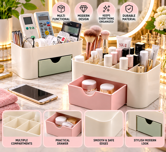 Organizator Cosmetice si Bijuterii NewTech, cu Sertar, Suport Machiaj si Skincare, Plastic, Roz