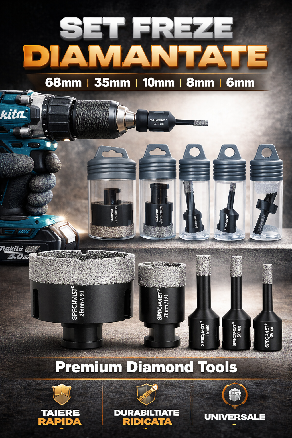 Set de 6 carote cu diamant, Otel, diametre de 6/8/10/12/35/68 mm, M14, cu ghidaj pentru burghiu, pentru gresie, piatra, granit, ceramica, Negru