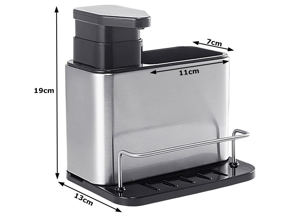 Organizator Bucatarie NewTech cu Dispenser Detergent, Suport Burete, 2 Compartimente, Argintiu Negru
