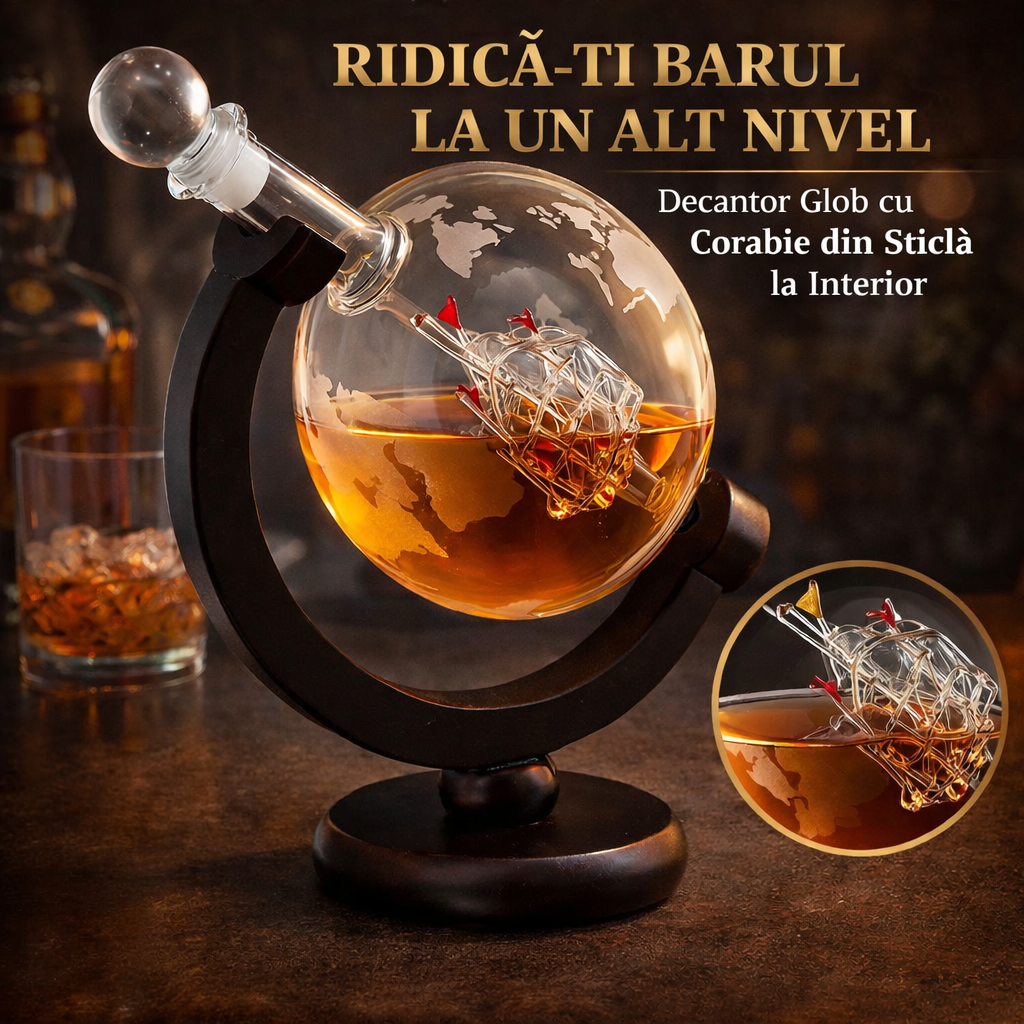 Set Decantor Whiskey Glob Pamantesc NEWTECH, 1X Carafa din Sticla 850 ml, 2X Pahare, 2X Suporturi pentru Pahare, Dop, 9 Cuburi pentru Racire cu Saculet, Cleste si Palnie, pentru Whisky, Scotch, Coniac, Bourbon, Ideal Cadou, Transparent