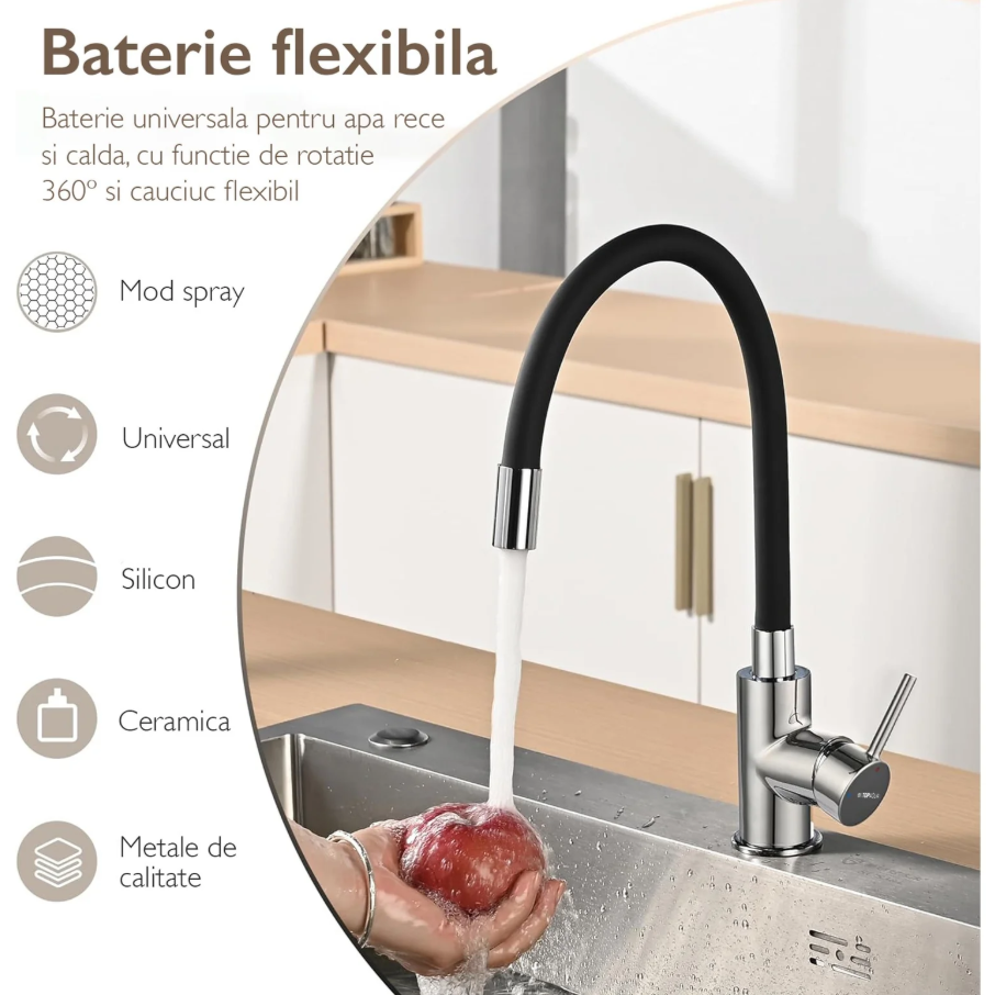 Baterie Chiuveta Bucatarie flexibil 360°, Inox, Pipa Inalta, Cartus Ceramic, Monocomanda, Racorduri Incluse, Acoperita Silicon, Rotativa, Negru/Argintiu, 55x80 cm