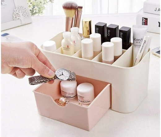 Organizator Cosmetice si Bijuterii NewTech, cu Sertar, Suport Machiaj si Skincare, Plastic, Roz