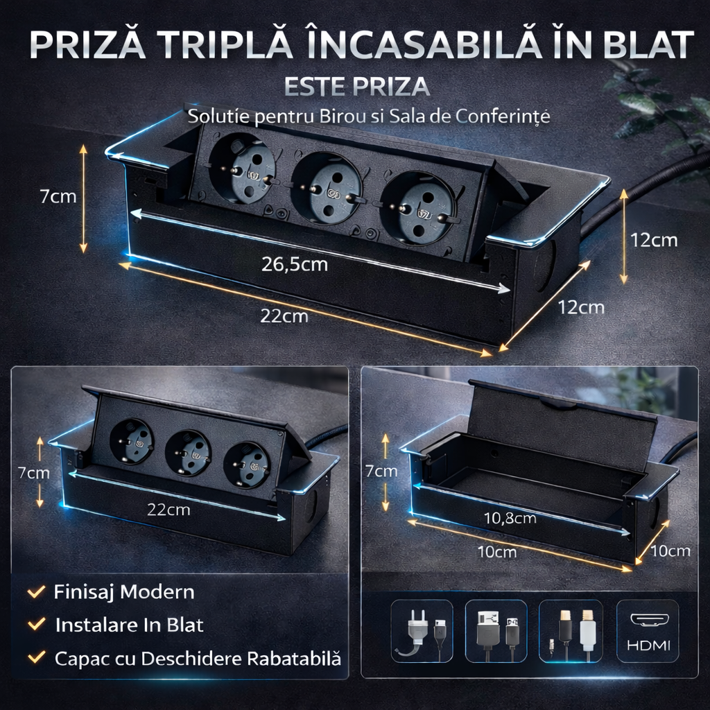 Priza incastrabila IZOXIS, 3 prize Schuko, negru, 1.9m