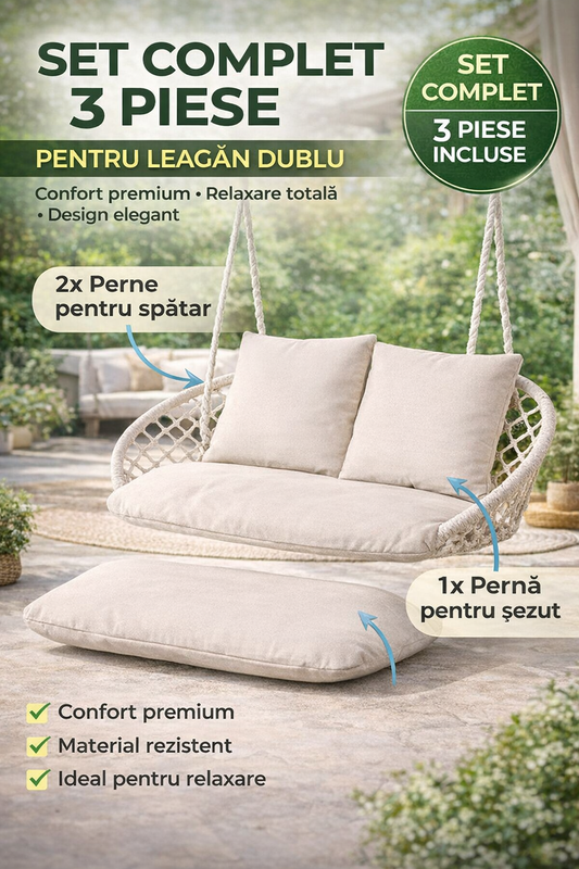 Perna leagan dublu cuib, poliester bumbac, 3 piese, 110x62+49x49 cm, crem impermeabila