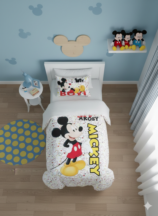 Lenjerie de pat Javoli, 1x husa pilota 140x200, 1x fete de perna 70x90, Bumbac 100%, Hipoalergenica, model Disney Mickey Mad, culoare Multicolor