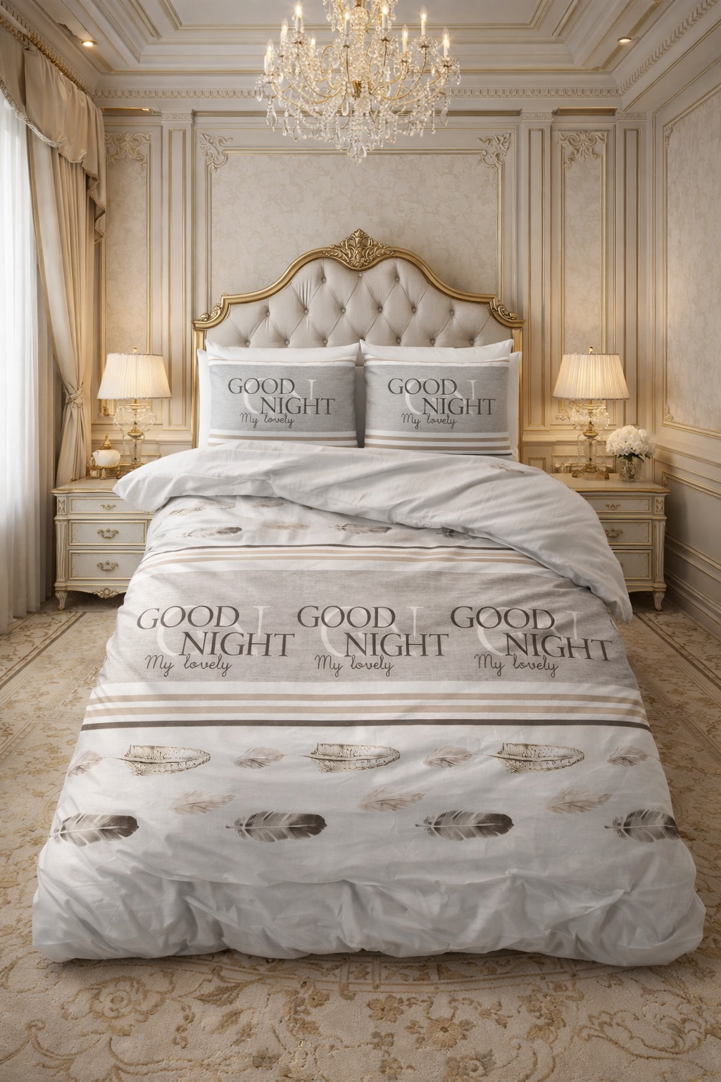 Lenjerie de pat Sleeptime, 1x husa pilota 200x200/220, 2x fete de perna 60x70, Bumbac si Poliester, Hipoalergenica, 150 GSM, model Good Night White, culoare Alb