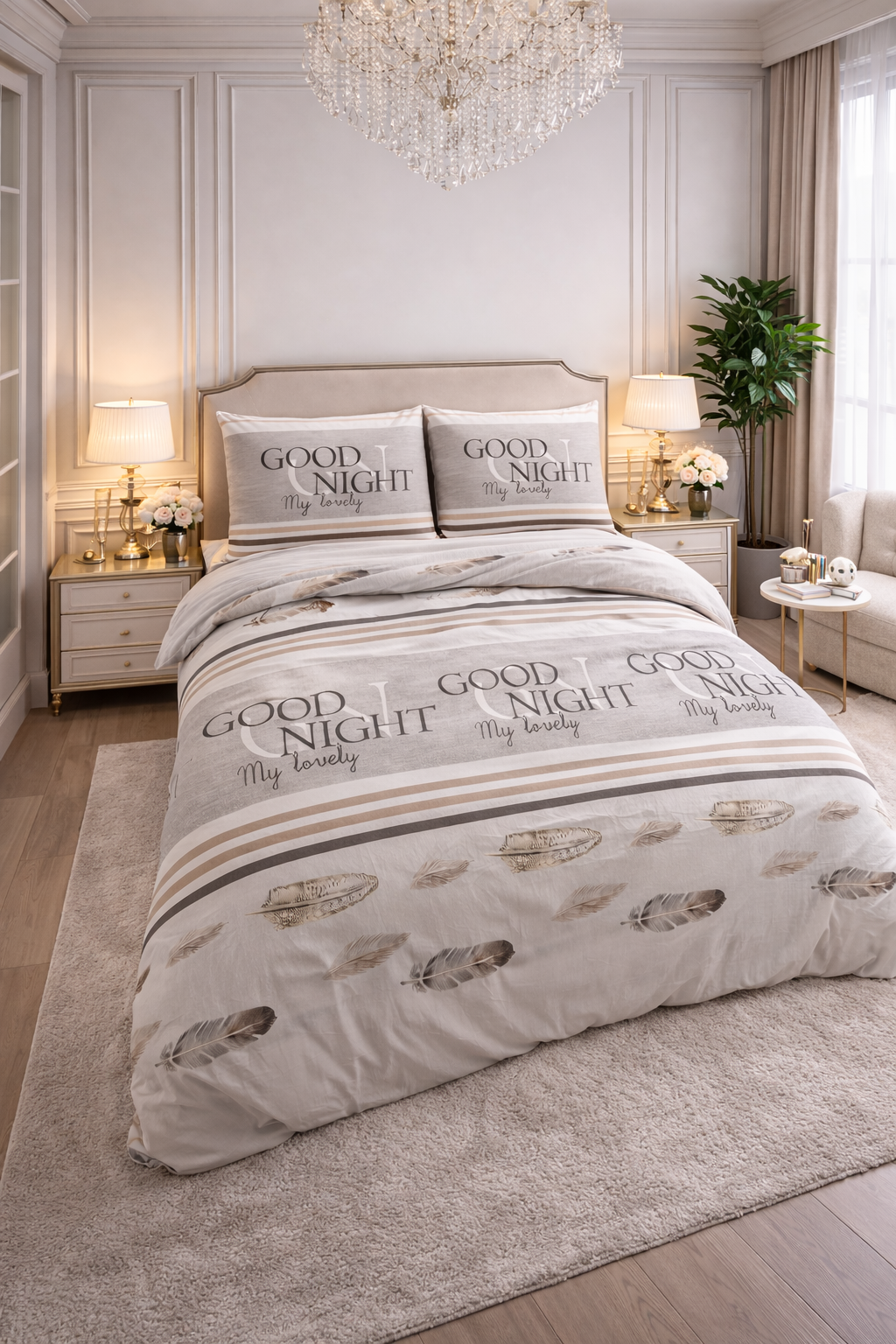 Lenjerie de pat Sleeptime, 1x husa pilota 200x200/220, 2x fete de perna 60x70, Bumbac si Poliester, Hipoalergenica, 150 GSM, model Good Night White, culoare Alb