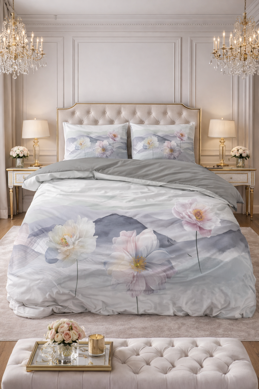Lenjerie pat Sleeptime, 1x husa pilota 200x200/220, 2x fete de perna 60x70, Microfibra 100%, Hipoalergenica, model Annique Grey, Digital Print, culoare Gri