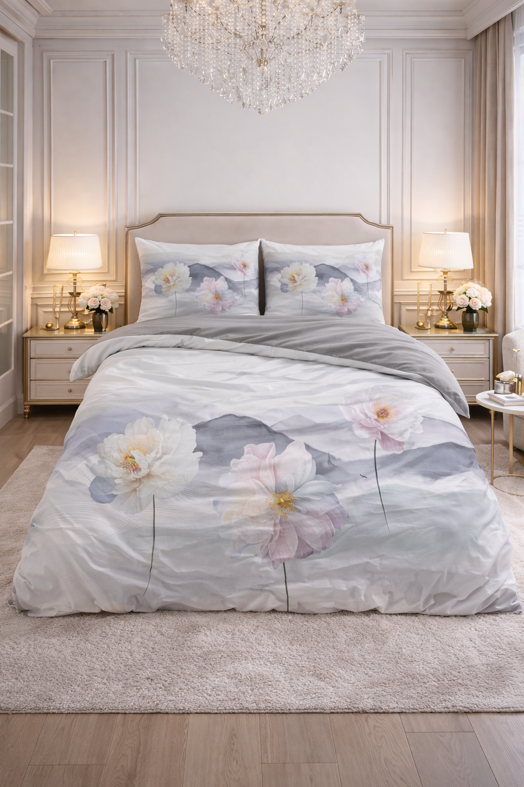 Lenjerie pat Sleeptime, 1x husa pilota 200x200/220, 2x fete de perna 60x70, Microfibra 100%, Hipoalergenica, model Annique Grey, Digital Print, culoare Gri