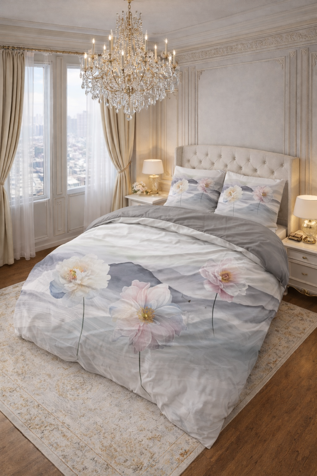 Lenjerie de pat Sleeptime, 1x husa pilota 200x200/220, 2x fete de perna 60x70, Microfibra 100%, Hipoalergenica, model Orchid White, imprimeu Digital Print, culoare Alb