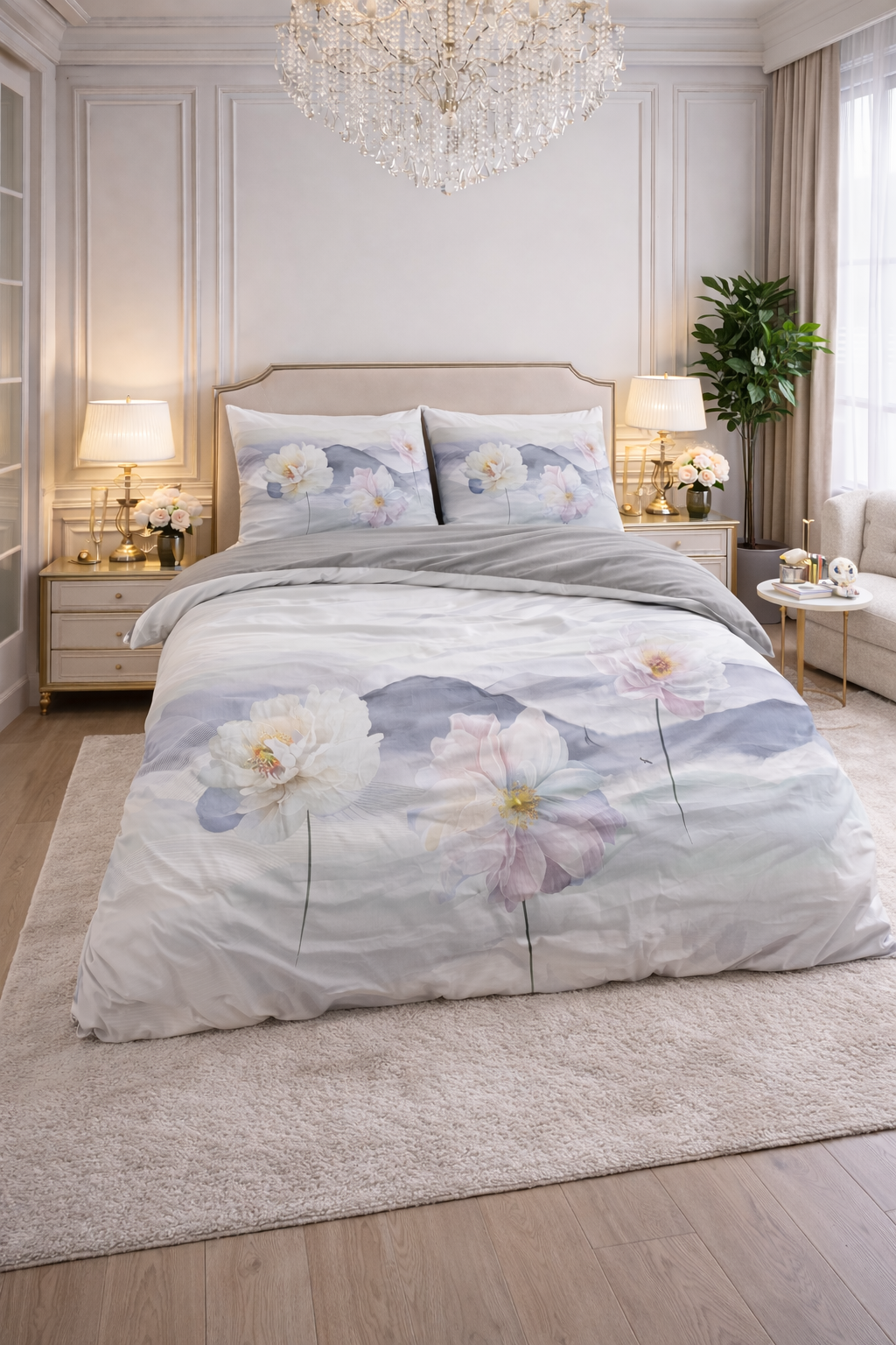 Lenjerie pat Sleeptime, 1x husa pilota 200x200/220, 2x fete de perna 60x70, Microfibra 100%, Hipoalergenica, model Annique Grey, Digital Print, culoare Gri