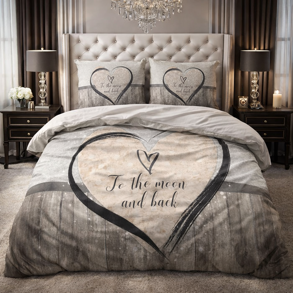 Lenjerie de pat Sleeptime, 1x husa pilota 200x200/220, 2x fete de perna 60x70, Microfibra 100%, Hipoalergenica, model Love To The Moon And Back, culoare Gri/Bej